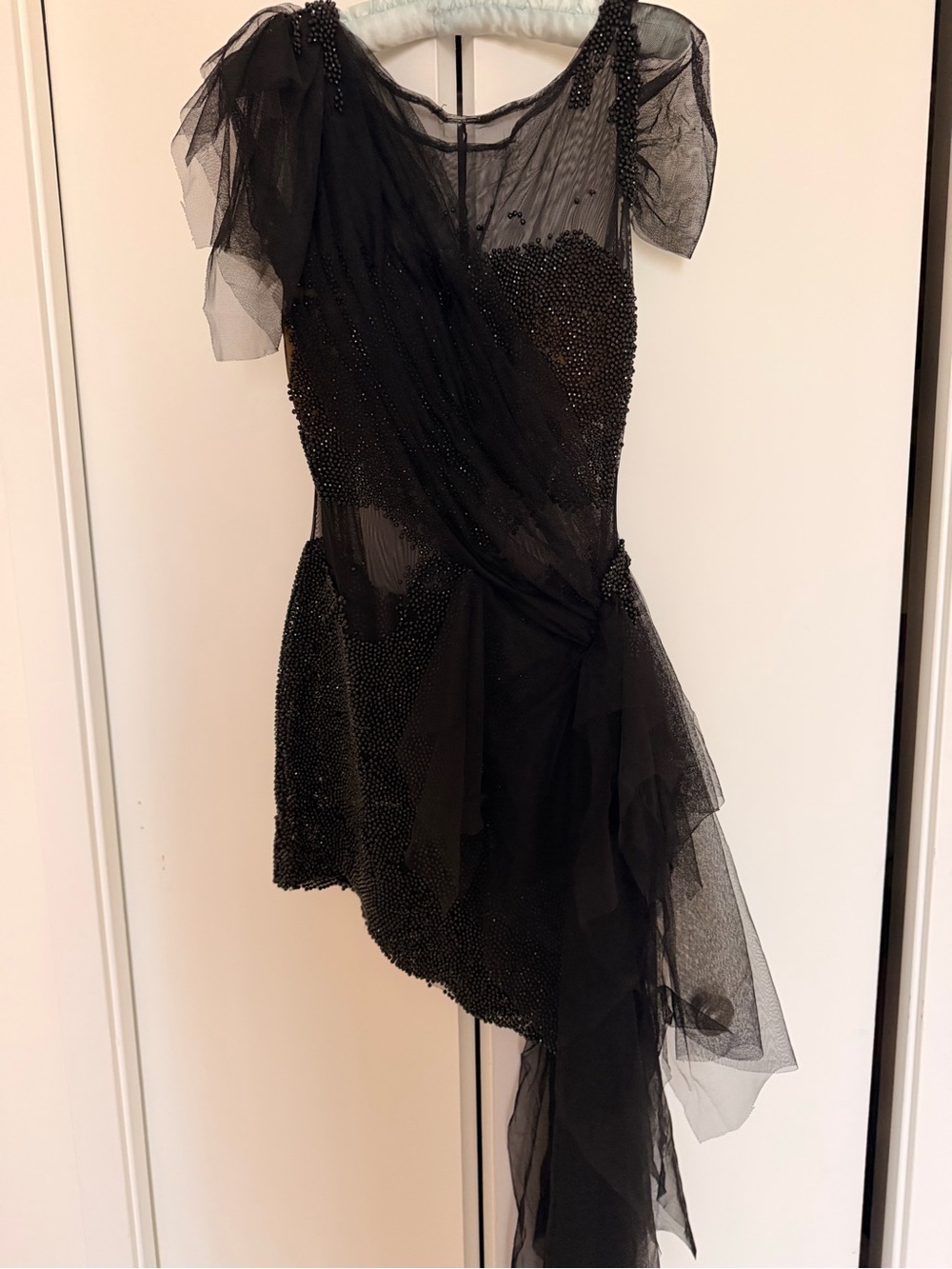 Elegant Black Beaded Asymmetric Tulle Dress